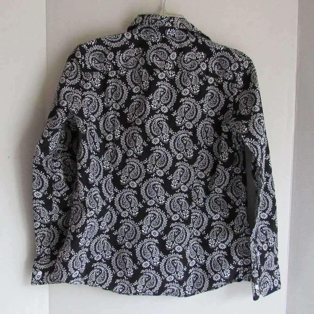 Kim Rogers Black White Paisley No Iron Button Down LS Cotton Shirt Size Small - Picture 2 of 3